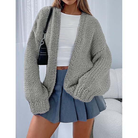 Womens Trendy Cardigan Sweaters Light Grey Long Sleeve Chunky Knit Outfits - Picture 7 of 8